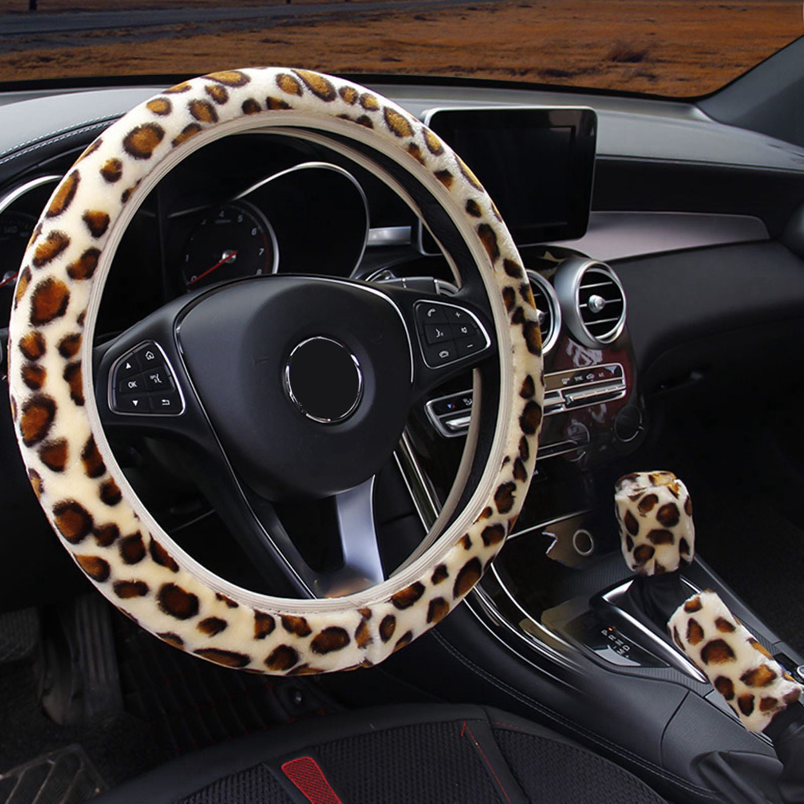 Teblacker Pcs Set Steering Wheel Cover Fluff Plush Leopard Car