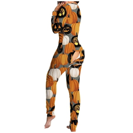 Sleepwear for Women Halloween Print V Neck Button-Down Front Jumpsuit Buttoned Flap Pajamas Long Sleeve Rompers
Sleepwear for Women Halloween Print V Neck Button-Down Front Jumpsuit Buttoned Flap Pajamas Long Sleeve Rompers