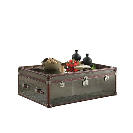 ACME Aberdeen Coffee Table, Vintage Dark Brown Top Grain Leather & Stainless Steel