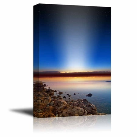 wall26 Canvas Prints Wall Art - Peaceful Sunset Dark Blue Sky, Smooth Serene Sea, Stars in Space, Spotlight in Sky - 12" x 18"