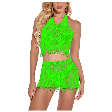 DNDKILG Babydoll Teddy Lingerie for Women Sexy Halter Lingerie Set Tassle Lace Bra and Panty Sets Green One Size