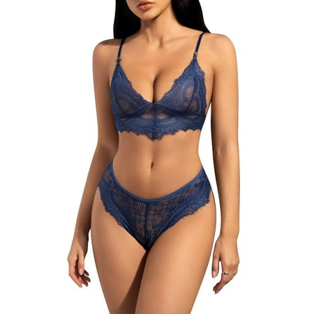 

DNDKILG Sexy Lingerie for Women Lace Bra and Panty Sets Floral Eyelash Teddy Low Rise Blue L