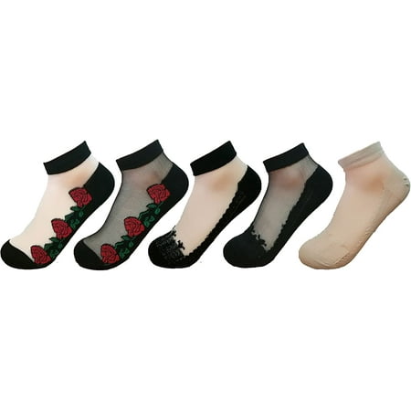Women Sheer Transparent Lace Embroidery Panel Crystal Sparkly Socks 5 Pack