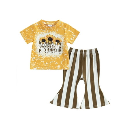 aturustex Toddler Girls Clothes Set 6M 12M 18M 24M 3T 4T Sunflower Letter Print Short Sleeve Crew Neck T-Shirts and Stripe Flare Pants 2Pcs Suit
