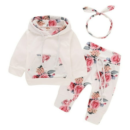 Baby Girl Clothes Long Sleeve Hoodie Sweatshirt Floral Pants with Headband Pocket