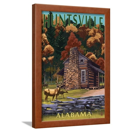 Huntsville, Alabama - Deer Family and Cabin Scene Framed Print Wall Art By Lantern Press