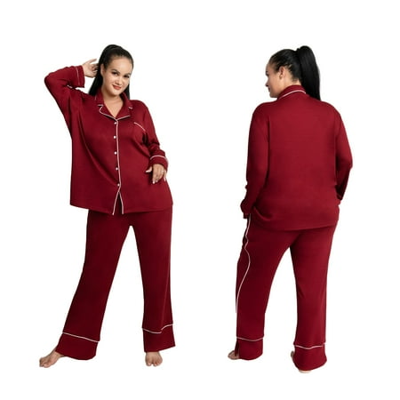Women 2Pcs Pajamas Set Notch Collar Soft Oversized Sleepwear Pjs Long Sleeves Button Down Nightwear with Long Pants Wine Red 2XL
Women 2Pcs Pajamas Set Notch Collar Soft Oversized Sleepwear Pjs Long Sleeves Button Down Nightwear with Long Pants Wine Red 2XL