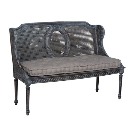 58" White and Gray Hand Carved Wooden Caned Bench with Tufted Fabric Cushion