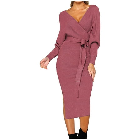 Women s V-neck Sweater Wrapped Skirt Sleeve Backless Split Long Knitted Dress with Belt Maternity Dress
Women s V-neck Sweater Wrapped Skirt Sleeve Backless Split Long Knitted Dress with Belt Maternity Dress