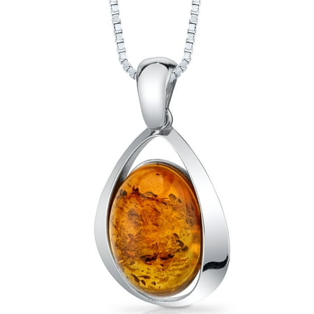 Peora Oval Shape Clover Baltic Amber Rhodium over Sterling Silver Pendant, 18