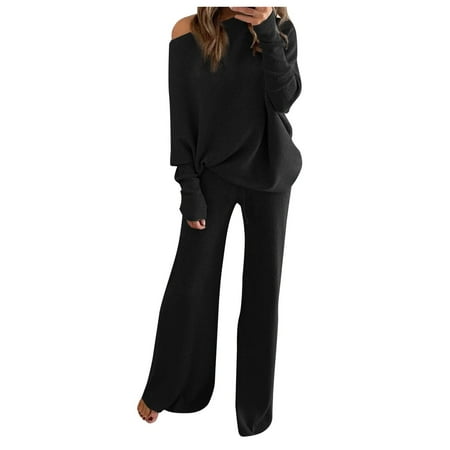 

Womens Pajamas Sets Lounge Boatneck Long Sleeve Knit Tops Drawstring Casual Knitted Pant One Shoulder 2 Piece Outfits
