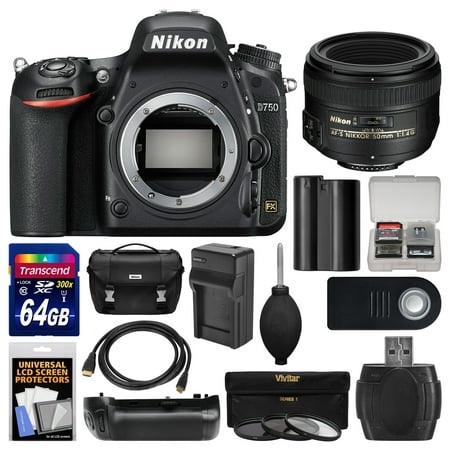 Nikon D750 Digital SLR Camera Body with 50mm f\/1.4G AF-S Lens + 64GB Card + Case + Battery & Charger + Grip + 3 Filters + Kit