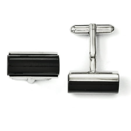 Men's Black Agate and Stainless Steel Cylindrical Cuff Links