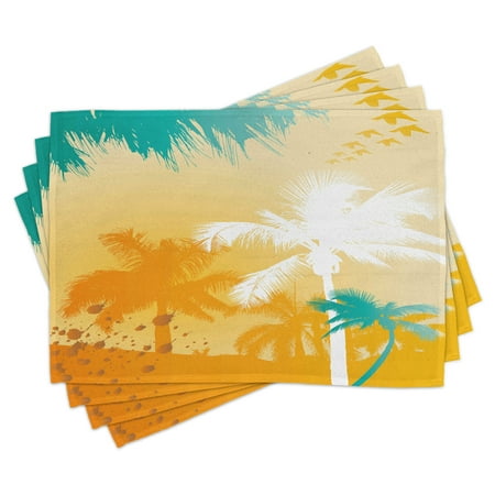 

Tropical Placemats Set of 4 Grunge Style Vibrant Palms Silhouette Paradise with Funky Retro Graphic Washable Fabric Place Mats for Dining Room Kitchen Table Decor Marigold Teal White by Ambesonne