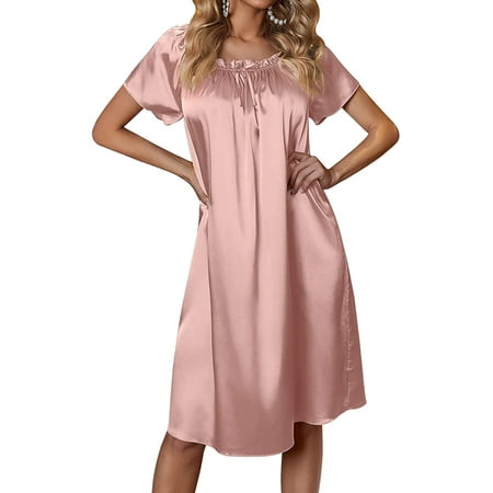 Paille Ladies Sleep Dress Satin Nightgowns Short Sleeve Night Gowns Breathable Gift Pajama Pink S