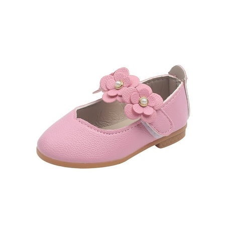 Daeful Girls Princess Shoe Magic Tape Mary Jane Comfort Flats Slip Resistant Non-slip Dress Shoes Wedding Loafers Pink 2C