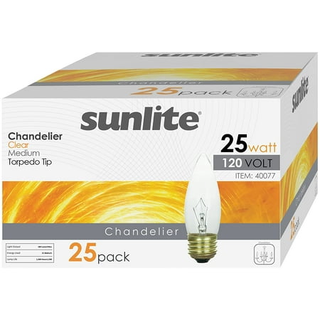 25ETC/32/25PK 25W Incandescent Torpedo Tip Chandelier with Crystal Clear Light Bulb and Medium E26 Base (25 Pack)
25ETC/32/25PK 25W Incandescent Torpedo Tip Chandelier with Crystal Clear Light Bulb and Medium E26 Base (25 Pack)