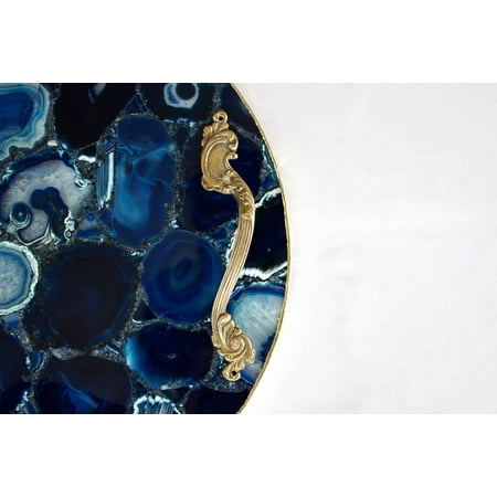 Blue Agate Serving Tray With Brass Handles | Circular