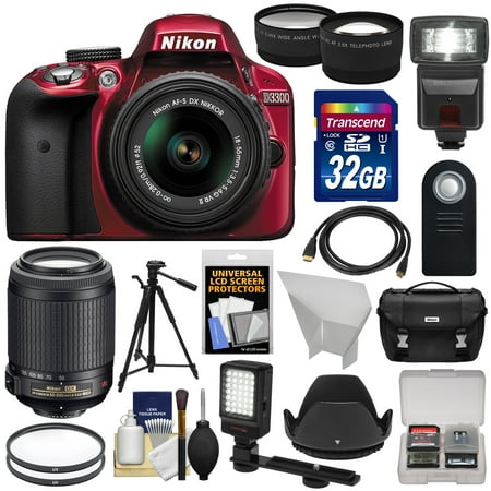 Nikon D3300 Digital SLR Camera & 18-55mm G VR DX II (Red) with 55-200mm VR II Lens + 32GB + Case + Tripod + Flash + LED Light + Tele\/Wide Lens Kit