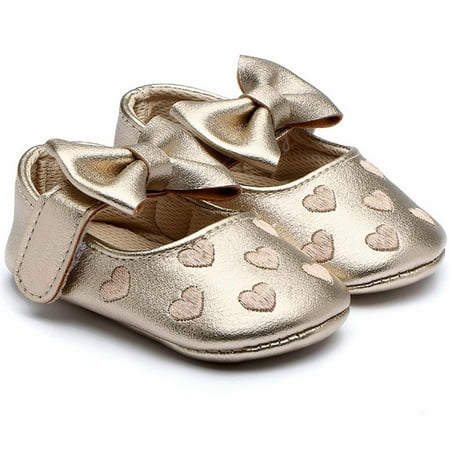 naisibaby Baby Girls Crib Shoes Walking Sneakers with Cute Bowknot Toddler Rubber Sole First Shoes Gold Size 12-15Months