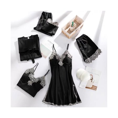 Liveday Female Pajamas Set 5pcs Sleepwear Lace Comfortable Sleepwear Loungewear