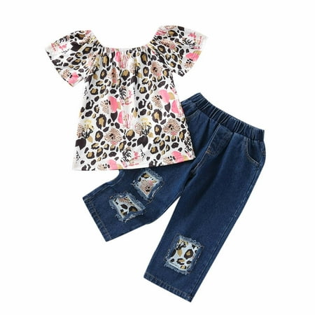 YWDJ 18 Month-5 Years Girls Outfit Sets Toddler Summer Stylish One-shoulder Leopard Top Ripped Jeans Suit Multicolor 120
YWDJ 18 Month-5 Years Girls Outfit Sets Toddler Summer Stylish One-shoulder Leopard Top Ripped Jeans Suit Multicolor 120