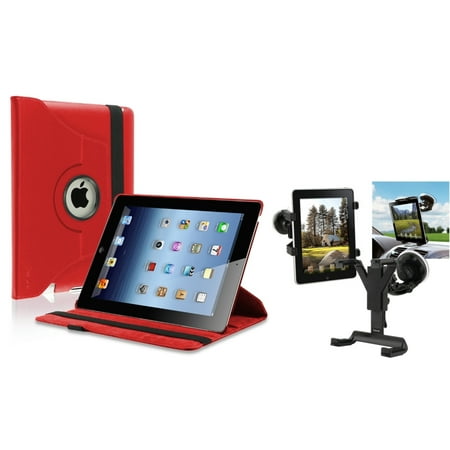 Insten Black Car Mount Windshield Holder+Red 360 Leather Case for iPad 2 nd 3 rd 4 th (Supports Auto Sleep\/Wake)