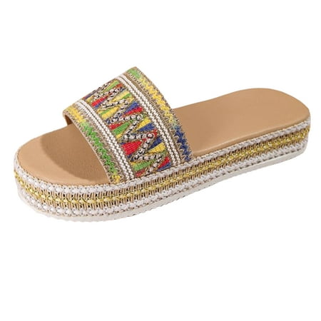 

PMUYBHF Female Women s Slippers Size 7-8 Ladies Fashion Ethnic Style Woven Print Open Toe Flat Bottom Beach Sandals 39 Yellow