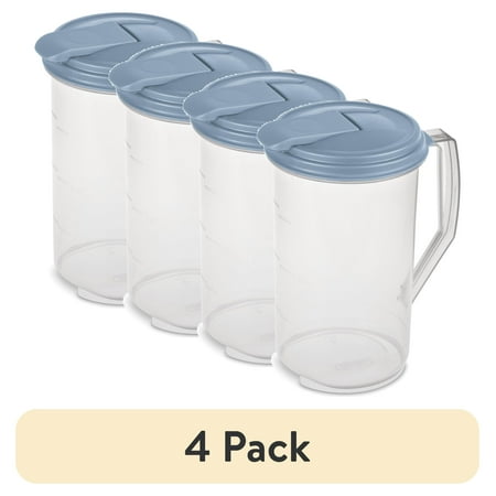 (4 pack) Sterilite 2 Quart Round Pitcher, Clear Plastic, Flip-top Spout, Light Blue
