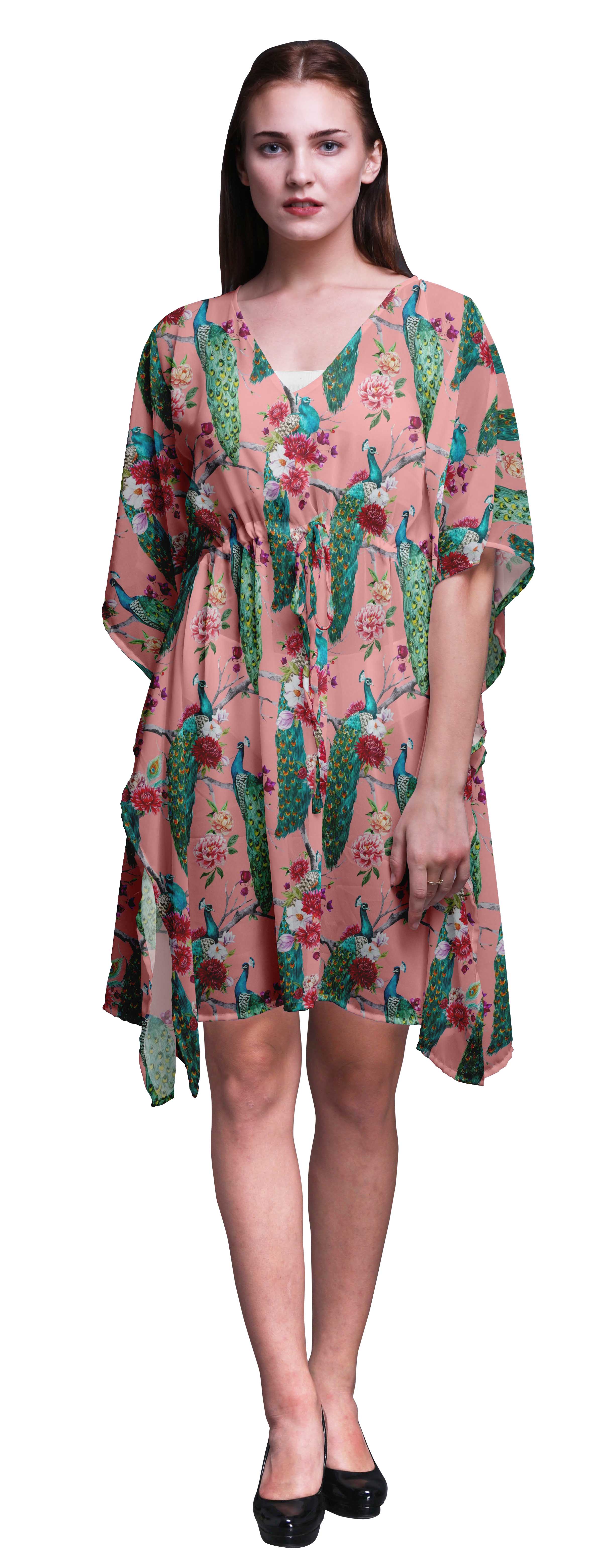 Bimba Peach Bird Floral Peacock Beach Kaftan Bikini Cover Up Women S Midi Dress Short Caftan