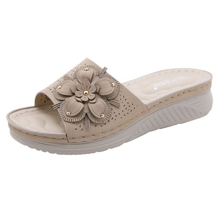 WANYNG slippers for women Summer New Women Flower Casual Slope Heel Large Slippers women shoes Beige 42