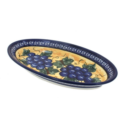 Blue Rose Polish Pottery Grapes Small Oval Platter with Cobalt Trim