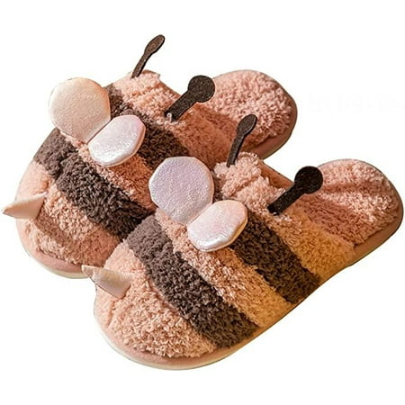 shuwee Women Cute Bee Slippers Soft Fluffy Plush Fur Cozy House Slide Warm Memory Foam Anti-Slip Shoes