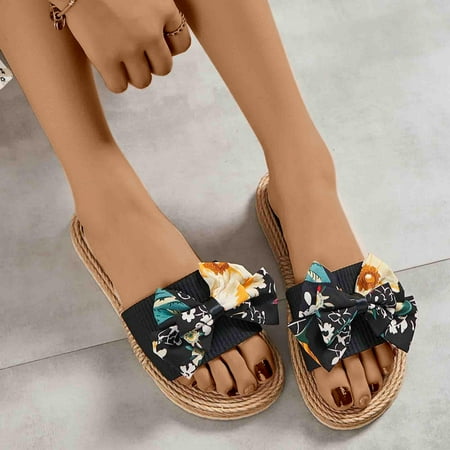 Womens Open Toe Sandals non Slip- Bowknot Casual Sandals Black Size 4.5