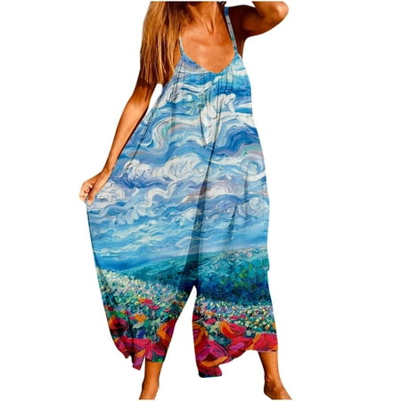 Jsezml Boho Jumpsuits for Women Cute Animals Print Baggy Rompers Summer Casual Spaghetti Strap V Neck Overalls