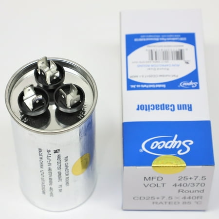 Supco CD25+7.5X440R Supco CD25+7.5X440R HVAC Motor Round Dual Run Capacitor 25 + 7.5 MFD 440 Volts