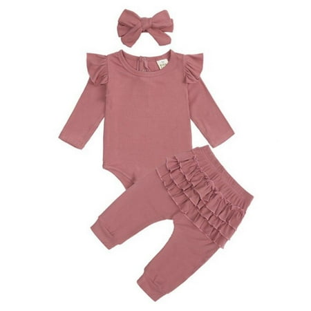 Patgoal Girls Fine Pit Strip Flying Sleeve Romper Pleated Lace Trousers Headband Three-piece Apricot 100 Yards