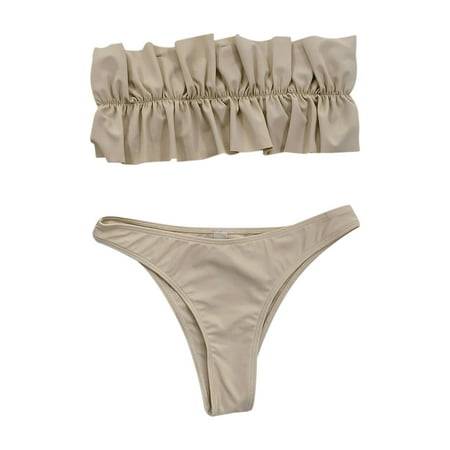 VKEKIEO Two-Piece Sets Swimsuit Sport Bra Style Padded Beige L