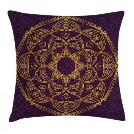 Gold Mandala Throw Pillow Cushion Cover, Lace Style Circular Mandala Eastern Old Fashioned Nature Inspired Traditional, Decorative Square Accent Pillow Case, 18 X 18 Inches, Purple Gold, by Ambesonne