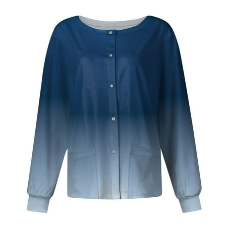 PURJKPU Womens Scrub Jacket Nurse Gifts Scrub Top Cute Gradient Nurse Uniform Long Sleeve Snap Front Nursing Jackets with Pockets Dark Blue S 
PURJKPU Womens Scrub Jacket Nurse Gifts Scrub Top Cute Gradient Nurse Uniform Long Sleeve Snap Front Nursing Jackets with Pockets Dark Blue S