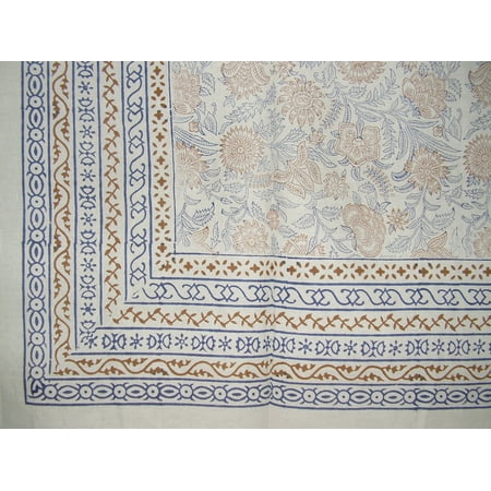 Floral Block Print Tapestry Cotton Bedspread 106" x 70" Twin Blue