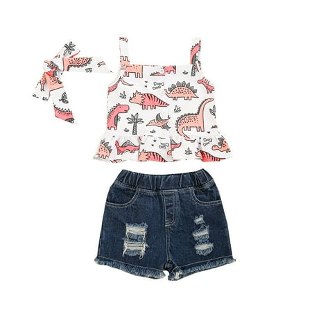 Kids Baby Girls Clothing Dinosaur Straps Tank Tops Holes Denim Shorts Bow Headband Cartoon Sleeveless Camis Tops Summer Clothes 3PCS
Kids Baby Girls Clothing Dinosaur Straps Tank Tops Holes Denim Shorts Bow Headband Cartoon Sleeveless Camis Tops Summer Clothes 3PCS
