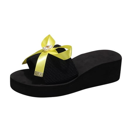 Womens Slide Shoes Pearl Sandals Comfort Platform Wedge Heel Bow Slippers Summer Beach Casual Slip on Footwear