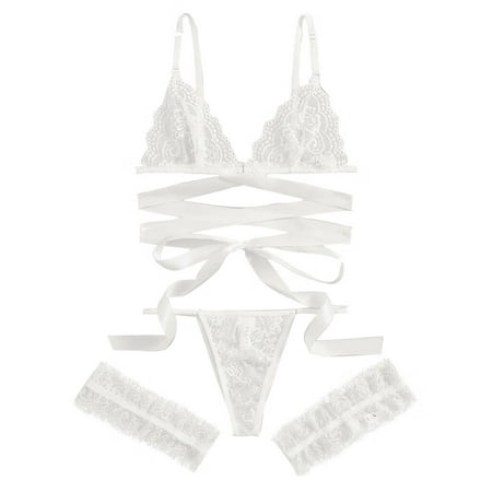 Intimates Women Plus Size Lace Lingerie Leg Ring G-String Bra Underwear Set Sleepwear Polyester no underwire sports bra White
