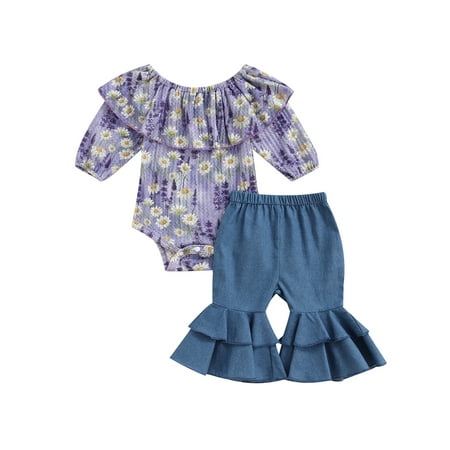 Fullvigor Baby Girls Floral Ruffle Long Sleeve Romper Denim Flare Pants Bell Bottom Jeans
Fullvigor Baby Girls Floral Ruffle Long Sleeve Romper Denim Flare Pants Bell Bottom Jeans