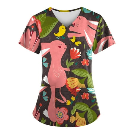 QAZXD Womens Tops Women Fashion Easter Print V-neck Short Sleeve Scrub Tops With Pockets Tops(Buy 2 Get 1 Free)