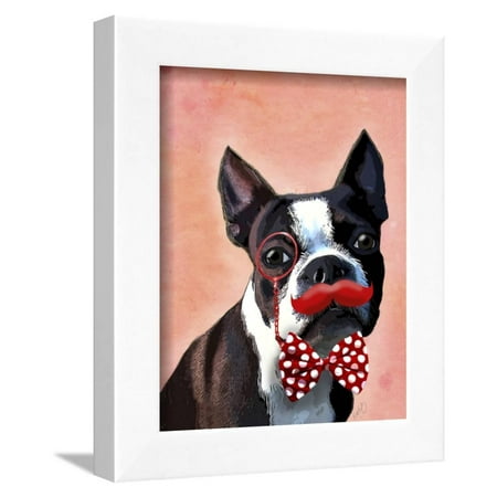 Boston Terrier Portrait with Red Bow Tie and Moustache Framed Print Wall Art By Fab Funky