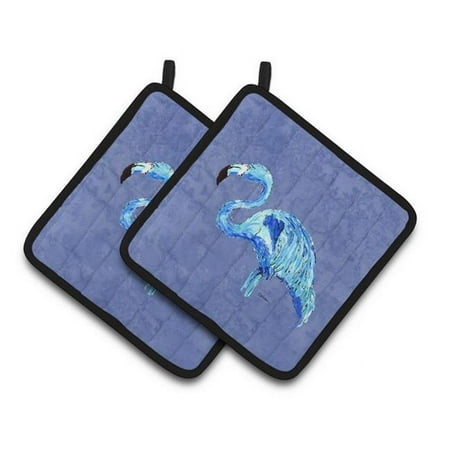 Flamingo on Slate Blue Pair of Pot Holders