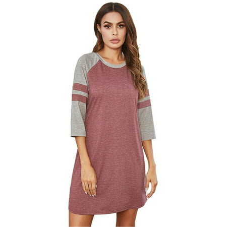 Women Nightgown 3/4 Sleeve Sleep Shirts Loose Fit Soft Sleepwear Round Neck Short Night Dress Above Knee Boyfriend Nightshirt Cozy Loungewear Red S-2XL