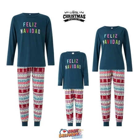 Family Christmas Pjs Matching Sets Blue Letters Print T-shirt + Pants